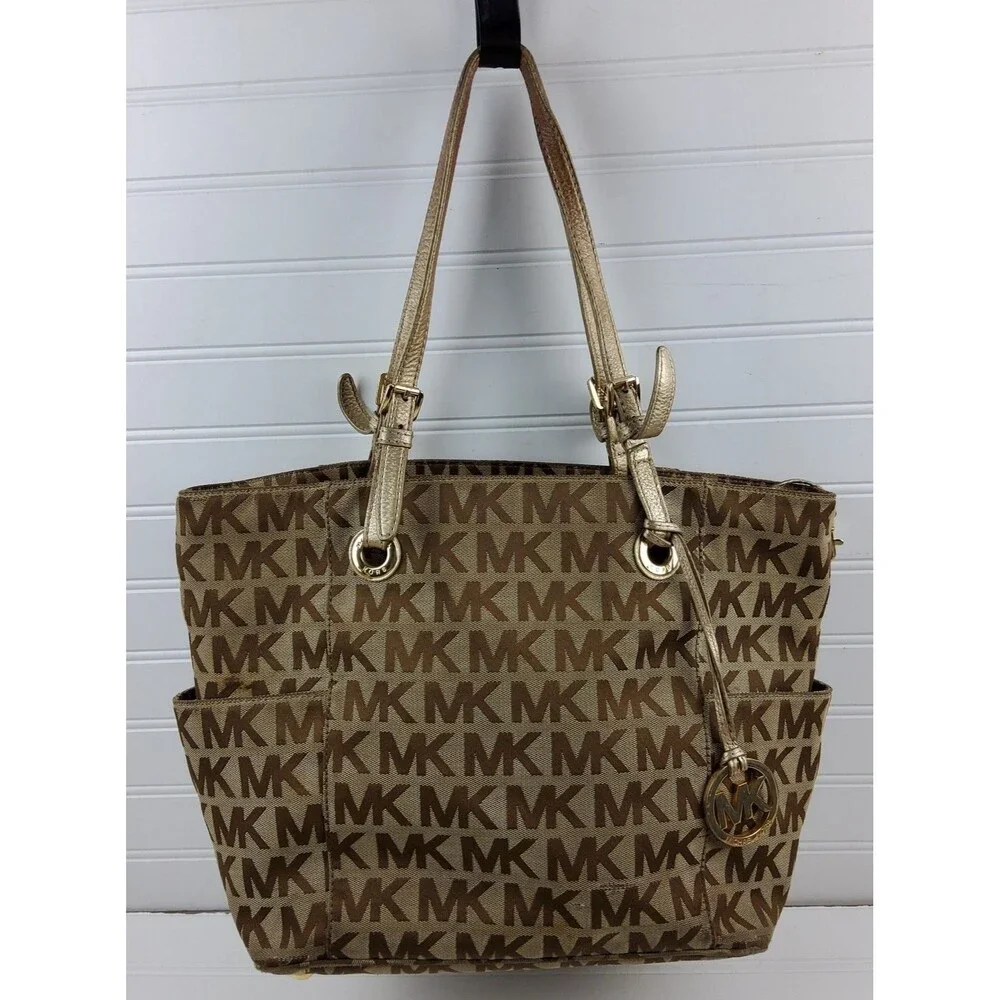 Michael Kors MK Signature Tote Shoulder Handbag Purse Brown